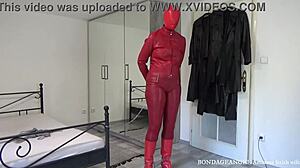 Amateur milf in red leather bondage and stockings